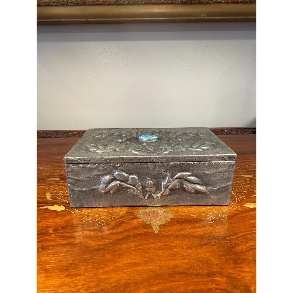 Antique‎ Art Nouveau Pewter Box • Repoussé Jewelry Casket w/ Blue Glass Cabochon